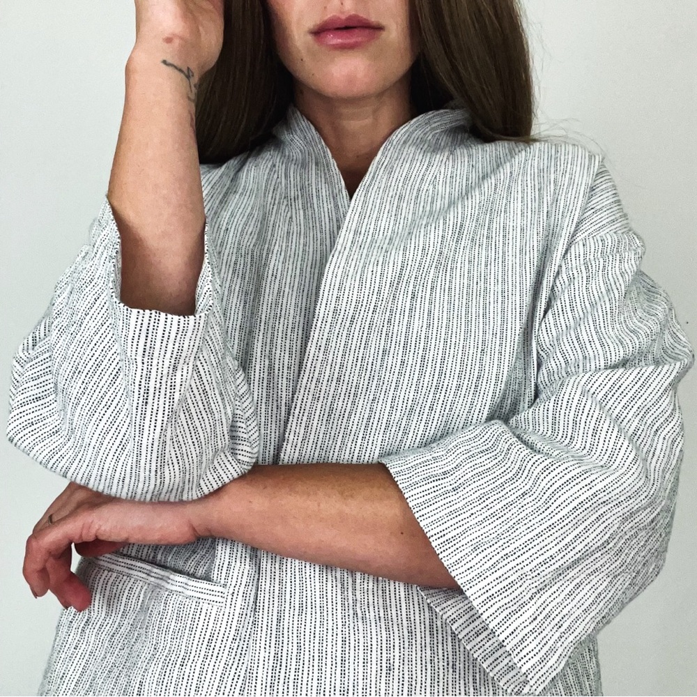 Eileen Fisher Organic Linen-Cotton Blend Ticking Stripe Jacket in White Size XS